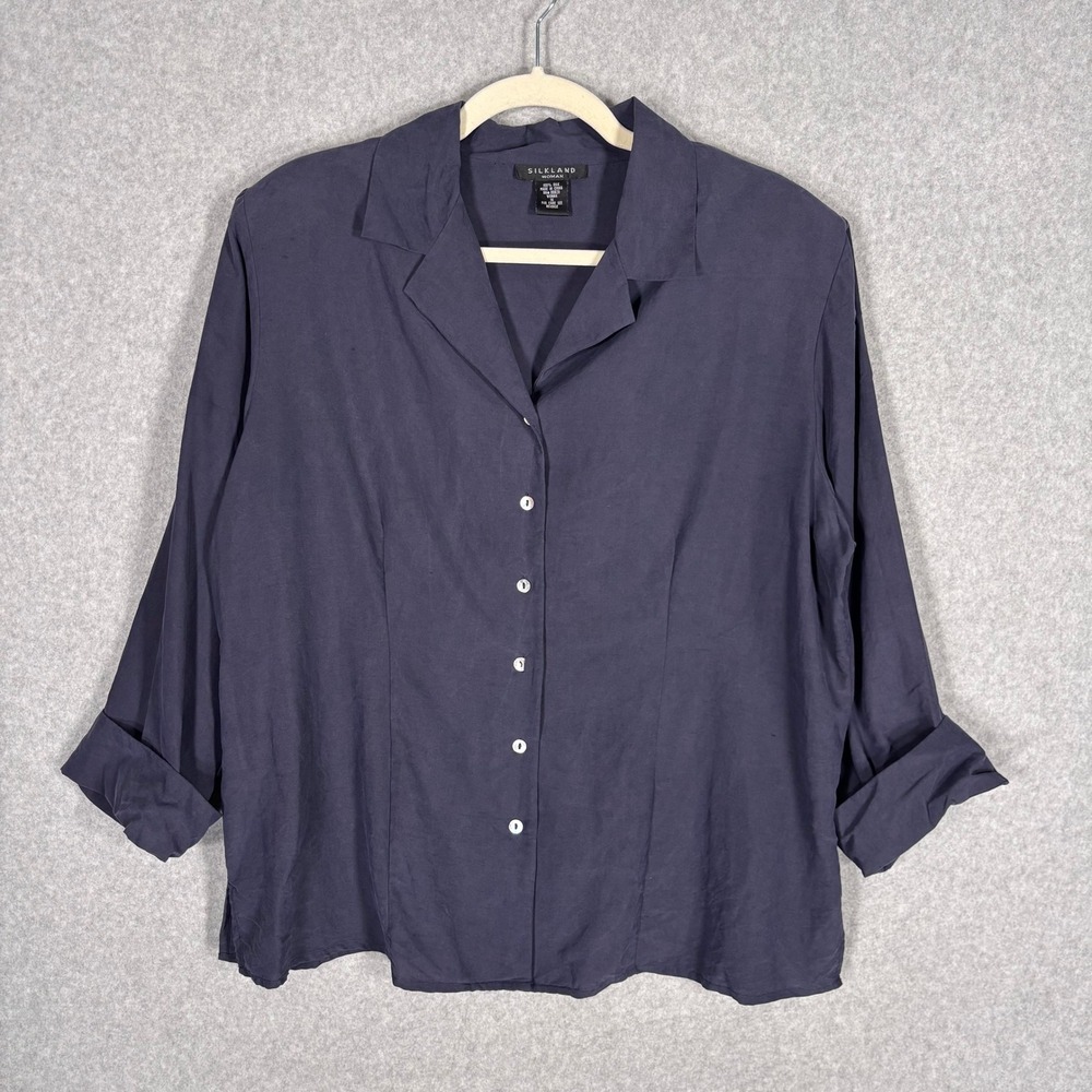 Vintage Silkland Silk Button Down Shirt 1X Navy Blue Tailored 90s Minimalist